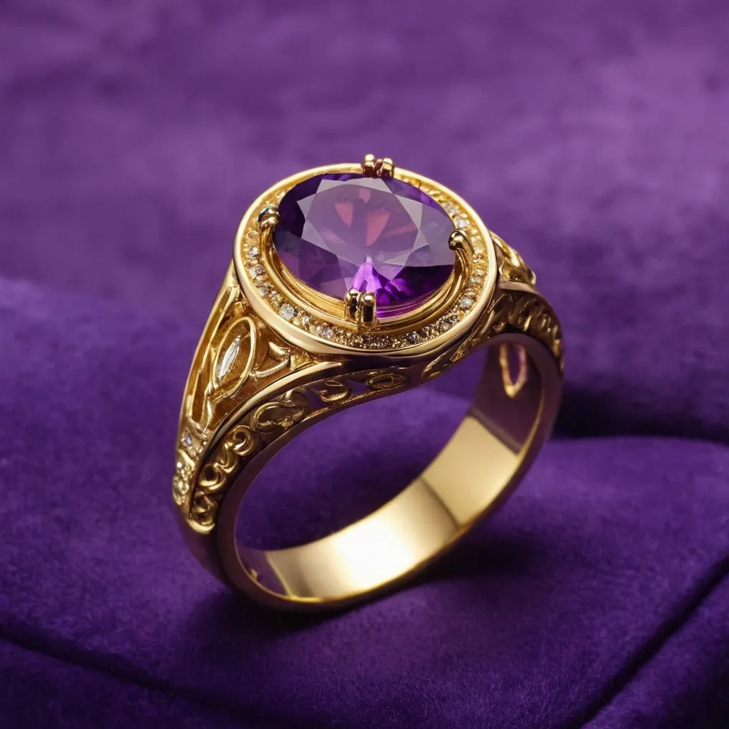 detailed photo of golden ring with purple gem