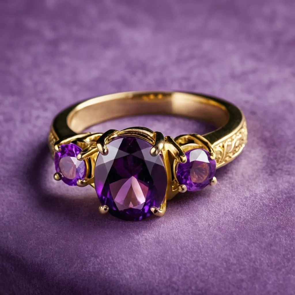 detailed photo of golden ring with purple gem