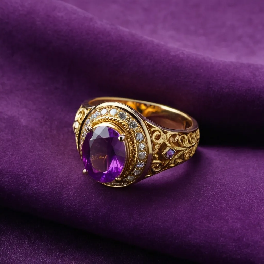 detailed photo of golden ring with purple gem