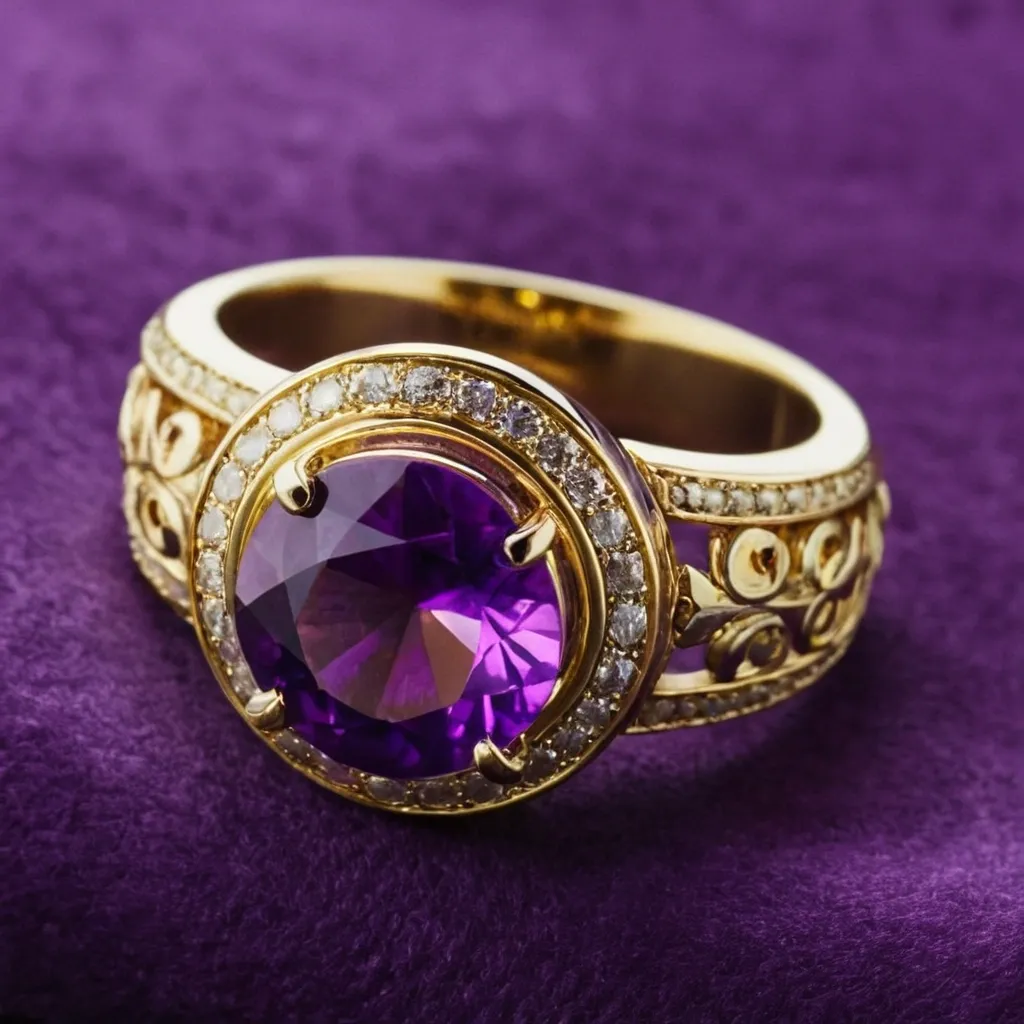 detailed photo of golden ring with purple gem