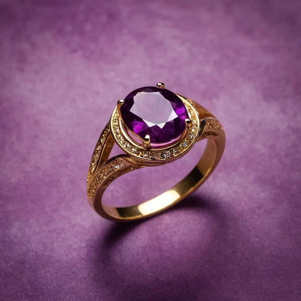 detailed photo of golden ring with purple gem