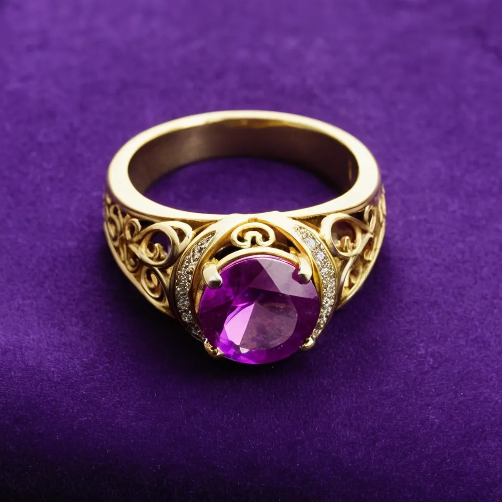 detailed photo of golden ring with purple gem