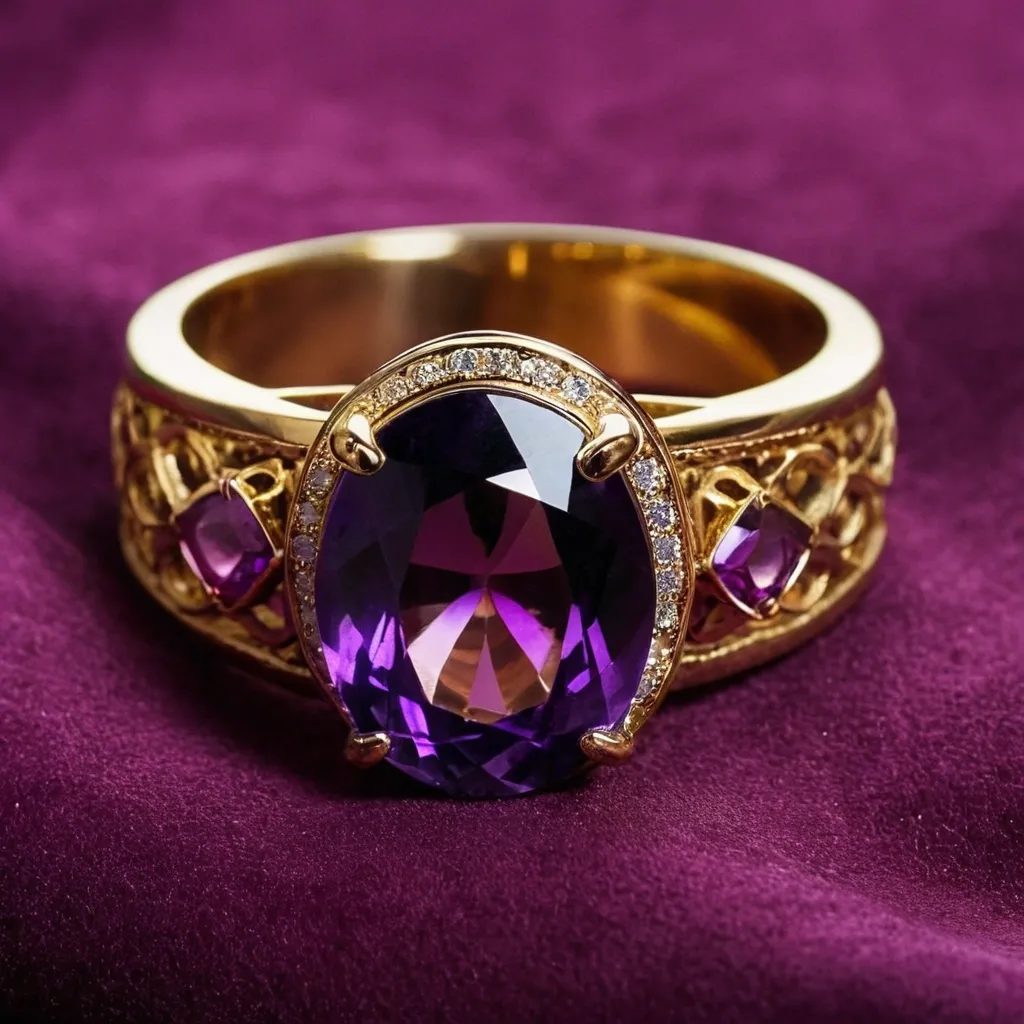 detailed photo of golden ring with purple gem