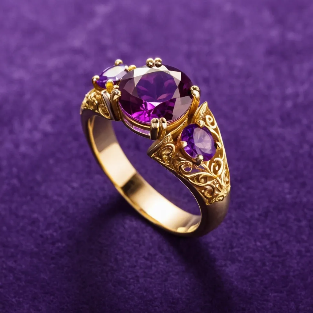 detailed photo of golden ring with purple gem