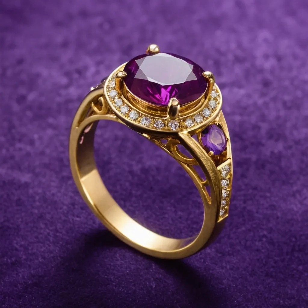 detailed photo of golden ring with purple gem