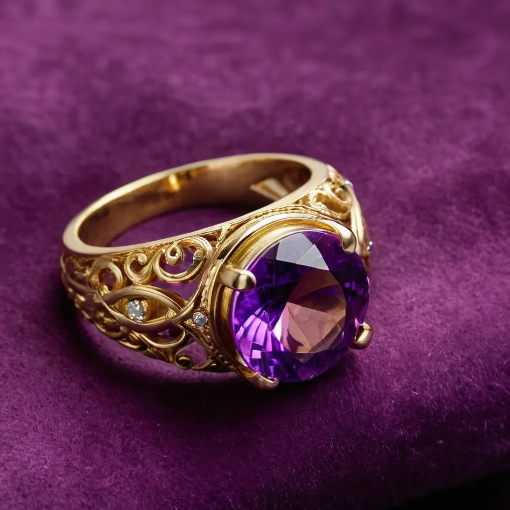 detailed photo of golden ring with purple gem