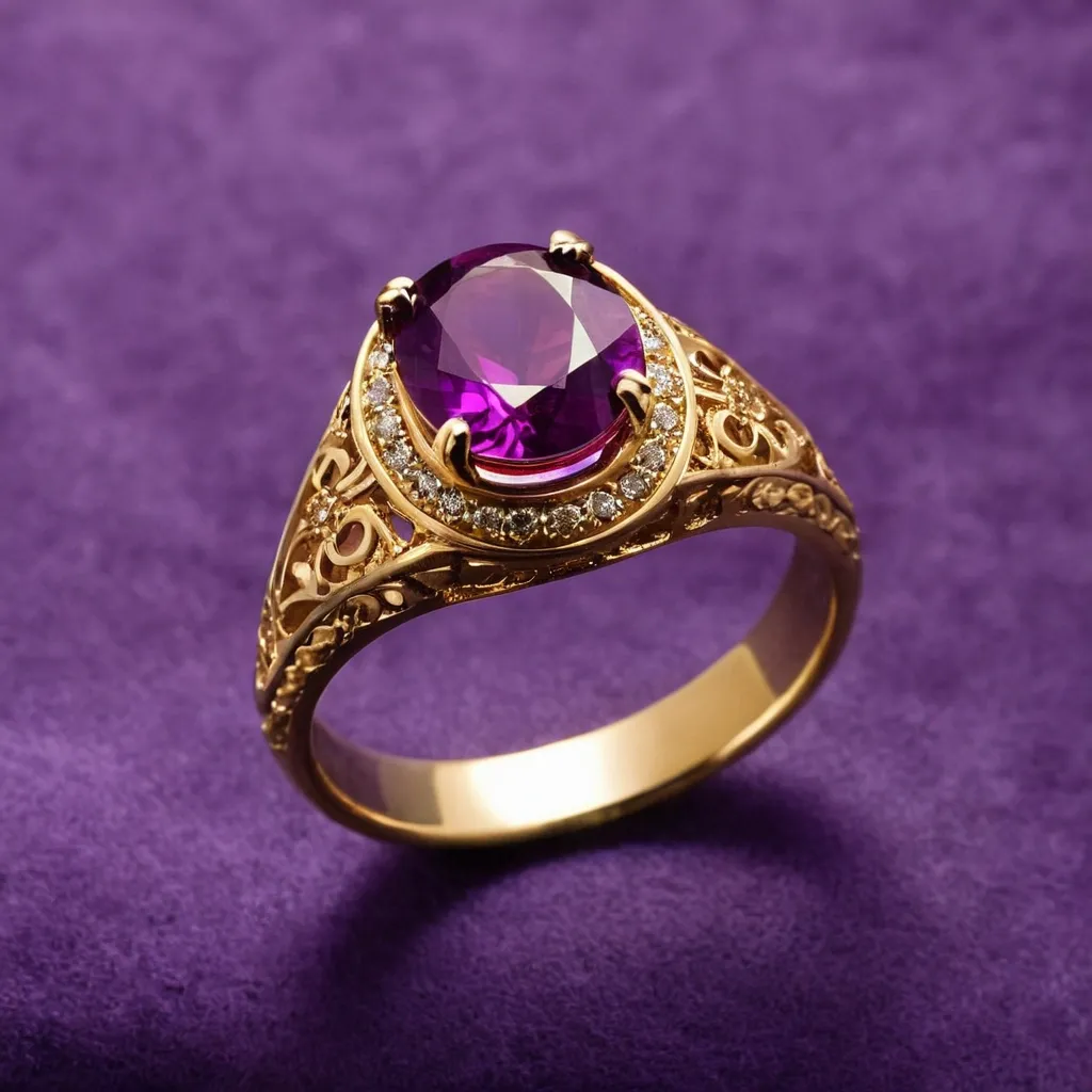detailed photo of golden ring with purple gem