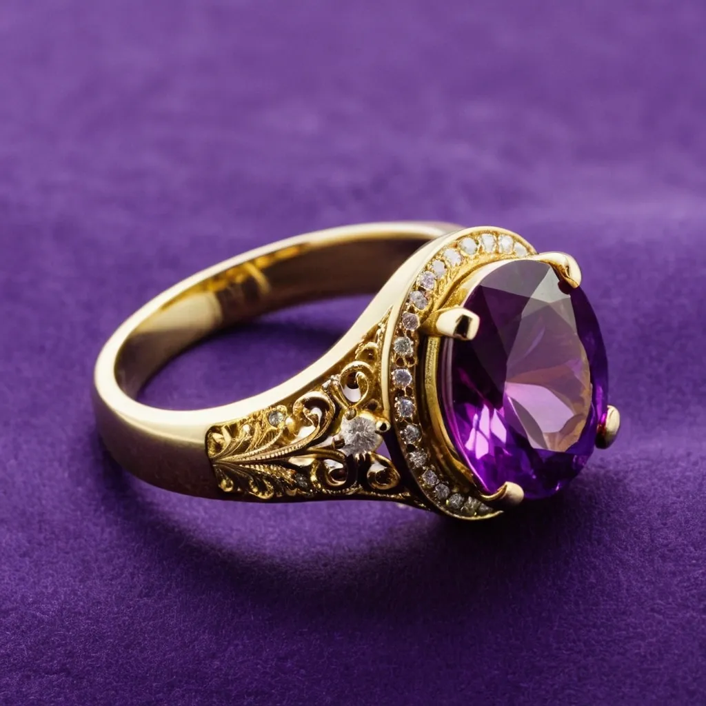 detailed photo of golden ring with purple gem
