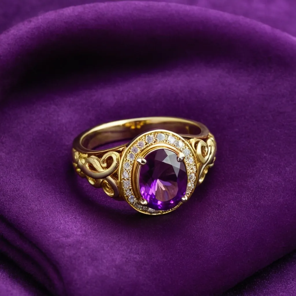 detailed photo of golden ring with purple gem
