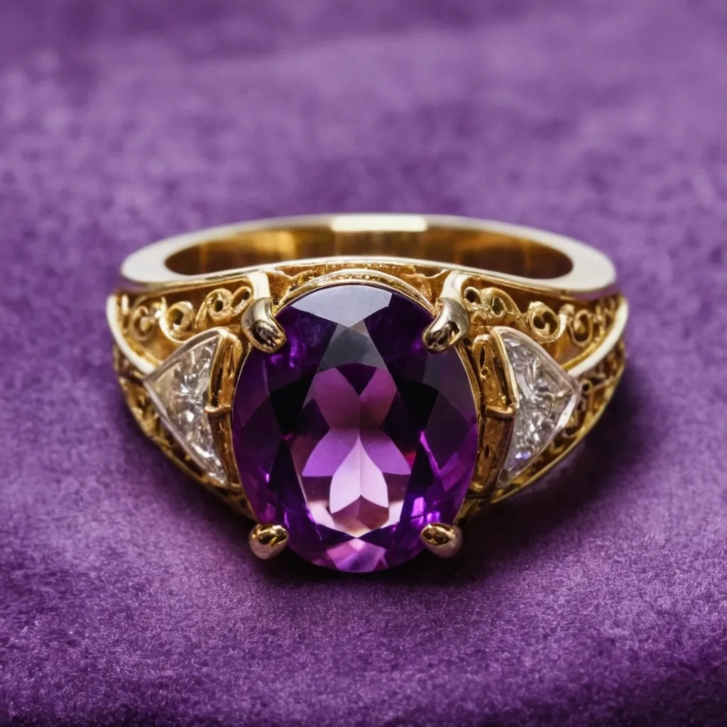 detailed photo of golden ring with purple gem