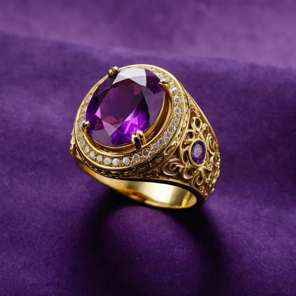 detailed photo of golden ring with purple gem