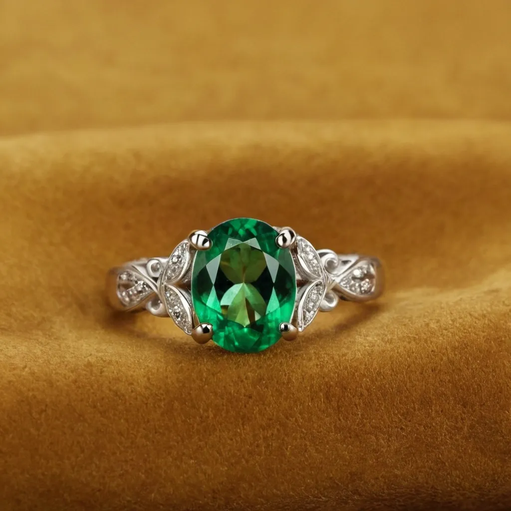 detailed photo of silver ring with green gem