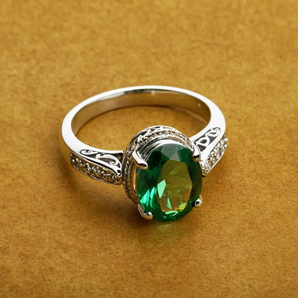 detailed photo of silver ring with green gem
