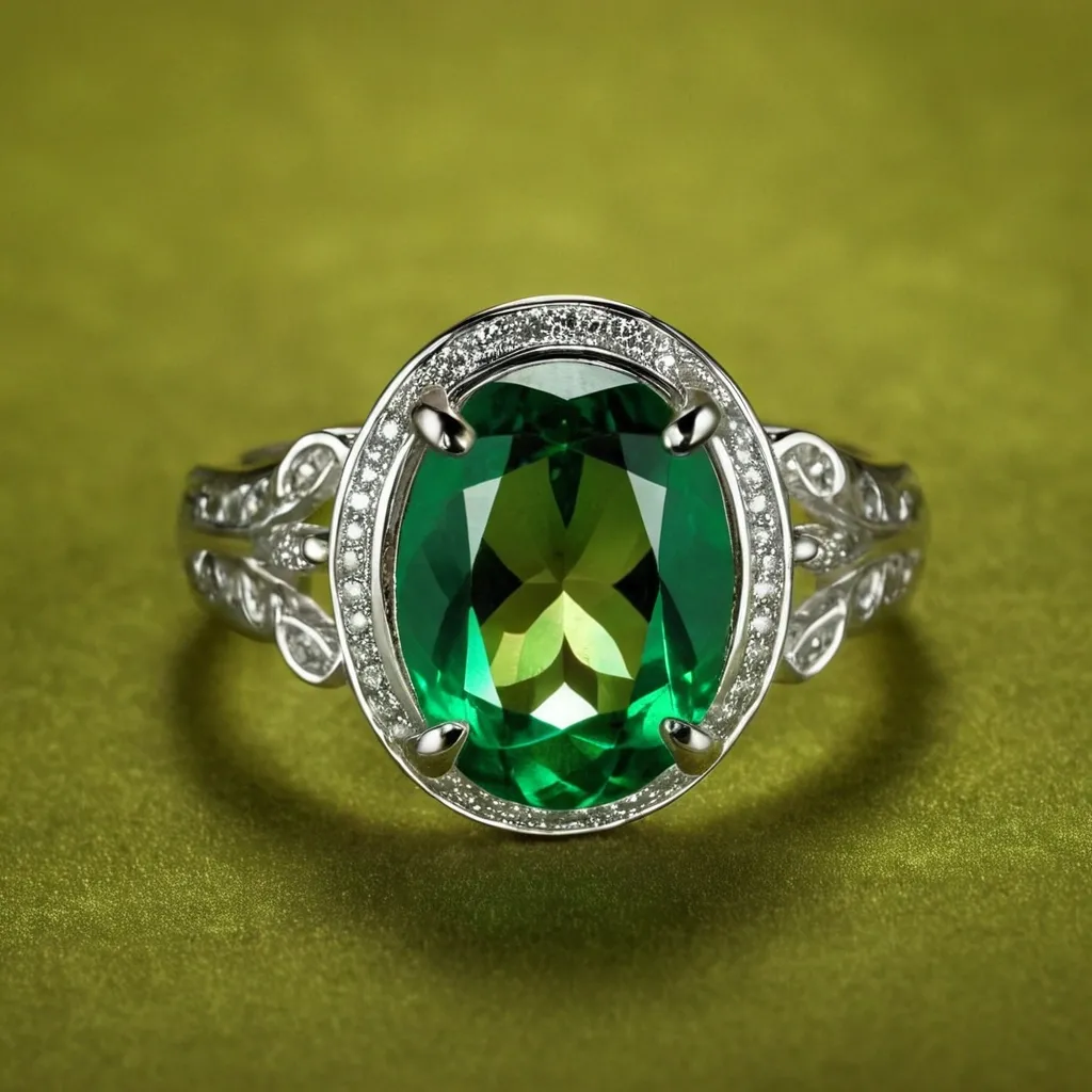 detailed photo of silver ring with green gem