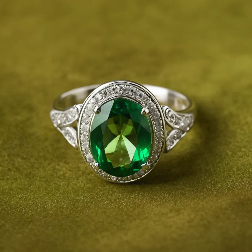 detailed photo of silver ring with green gem