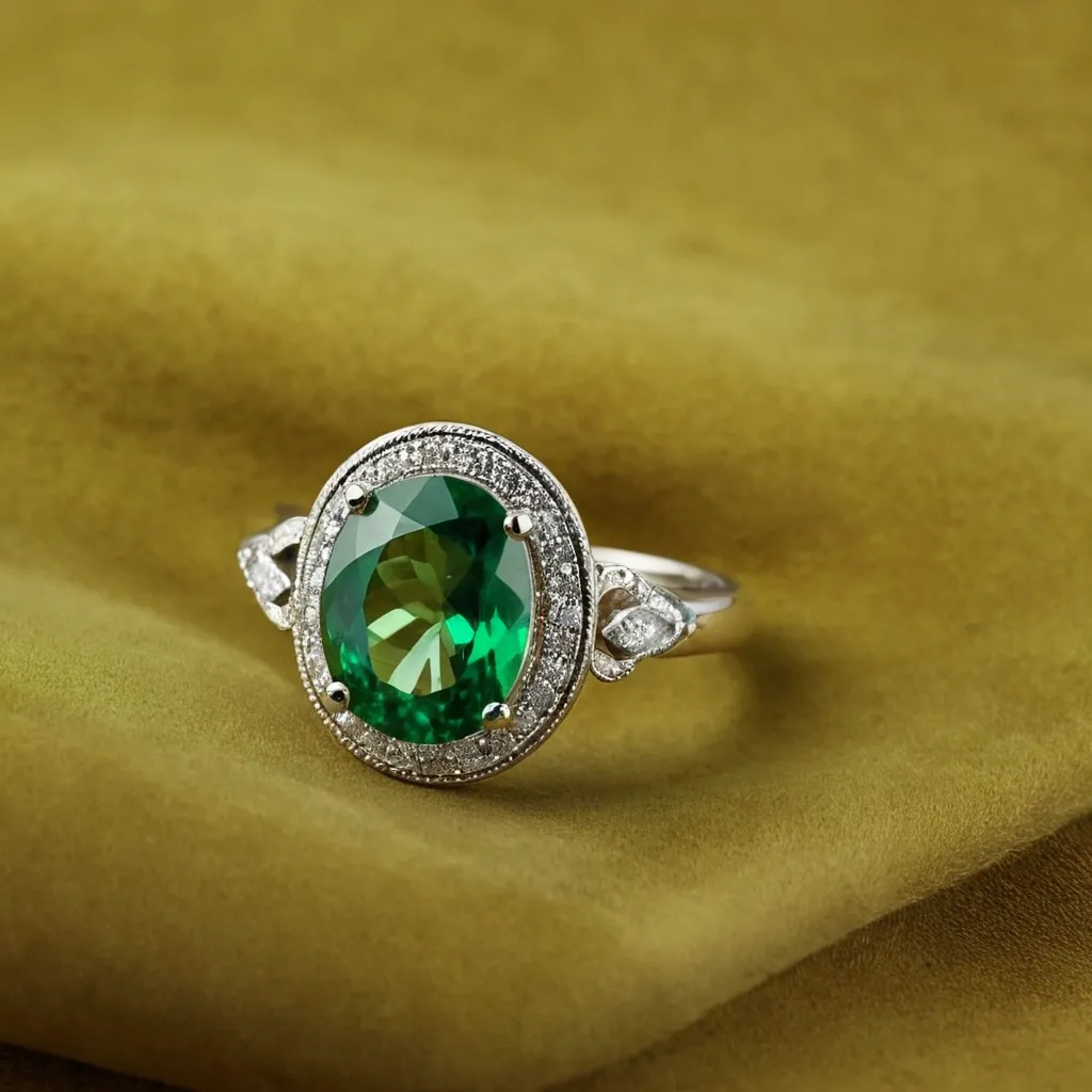 detailed photo of silver ring with green gem
