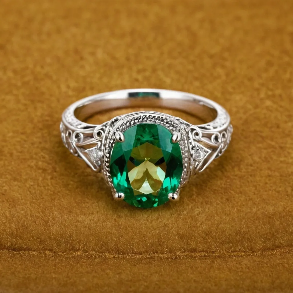 detailed photo of silver ring with green gem