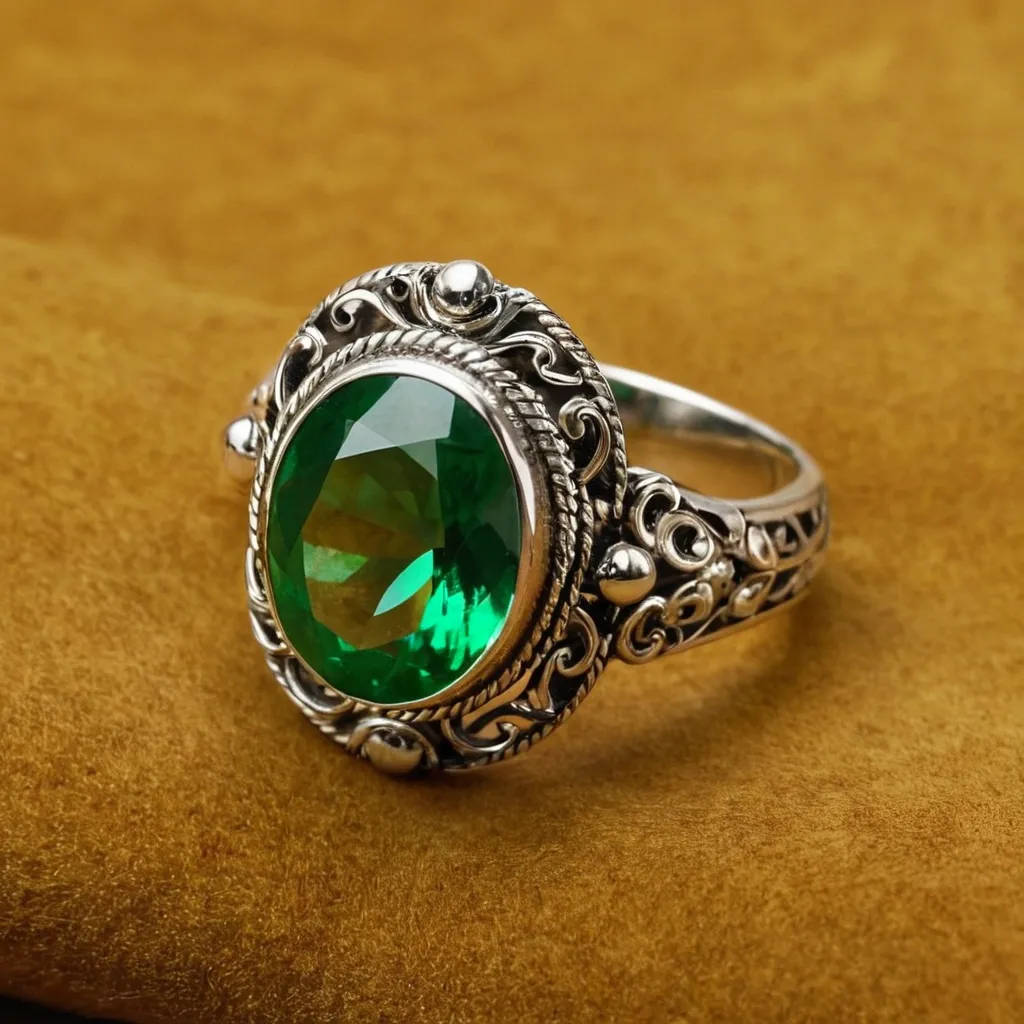 detailed photo of silver ring with green gem