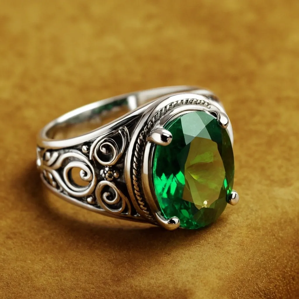 detailed photo of silver ring with green gem