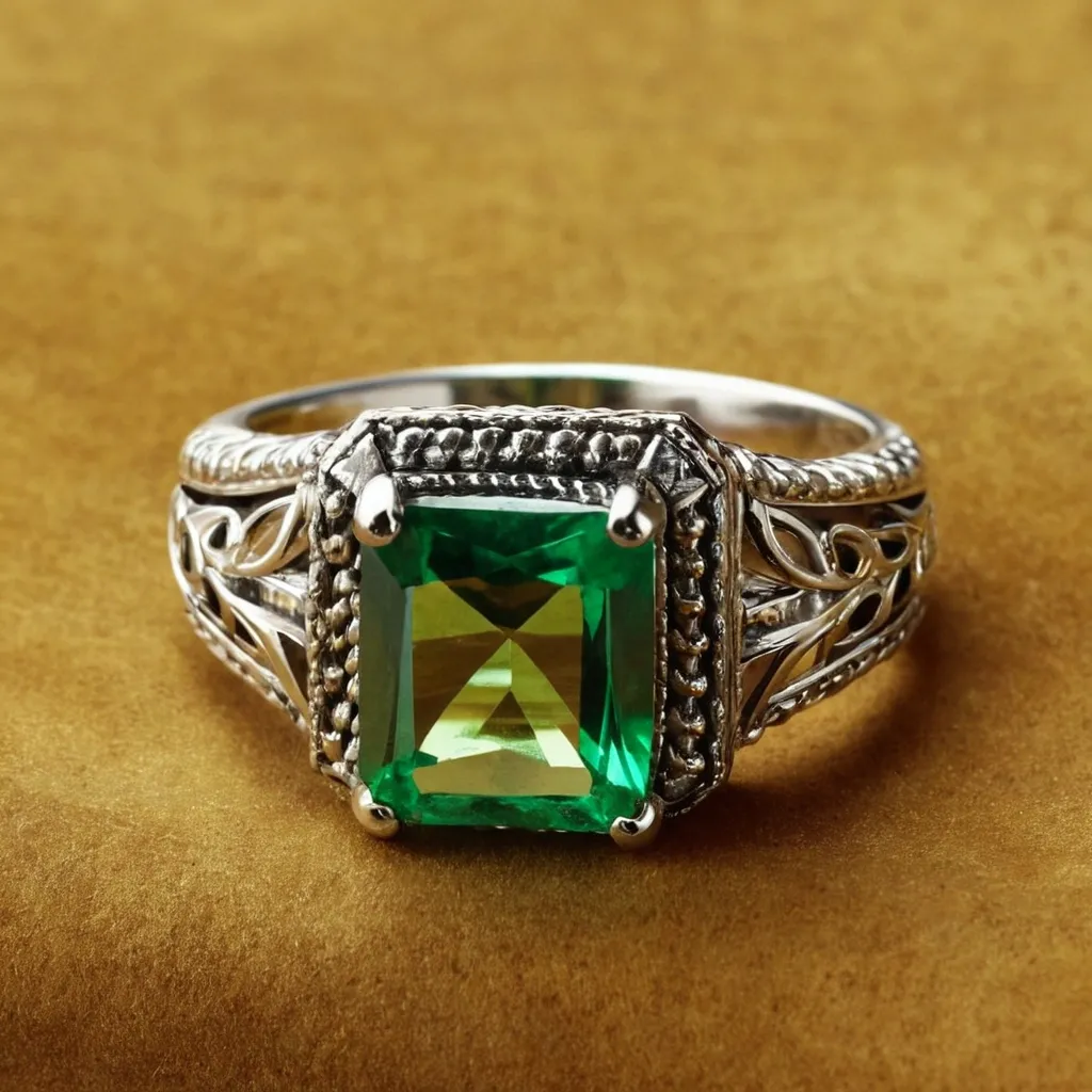 detailed photo of silver ring with green gem
