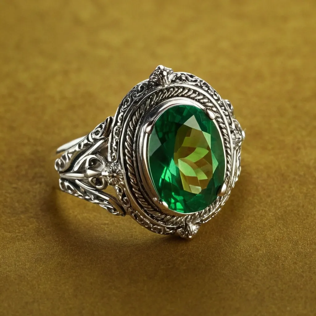 detailed photo of silver ring with green gem