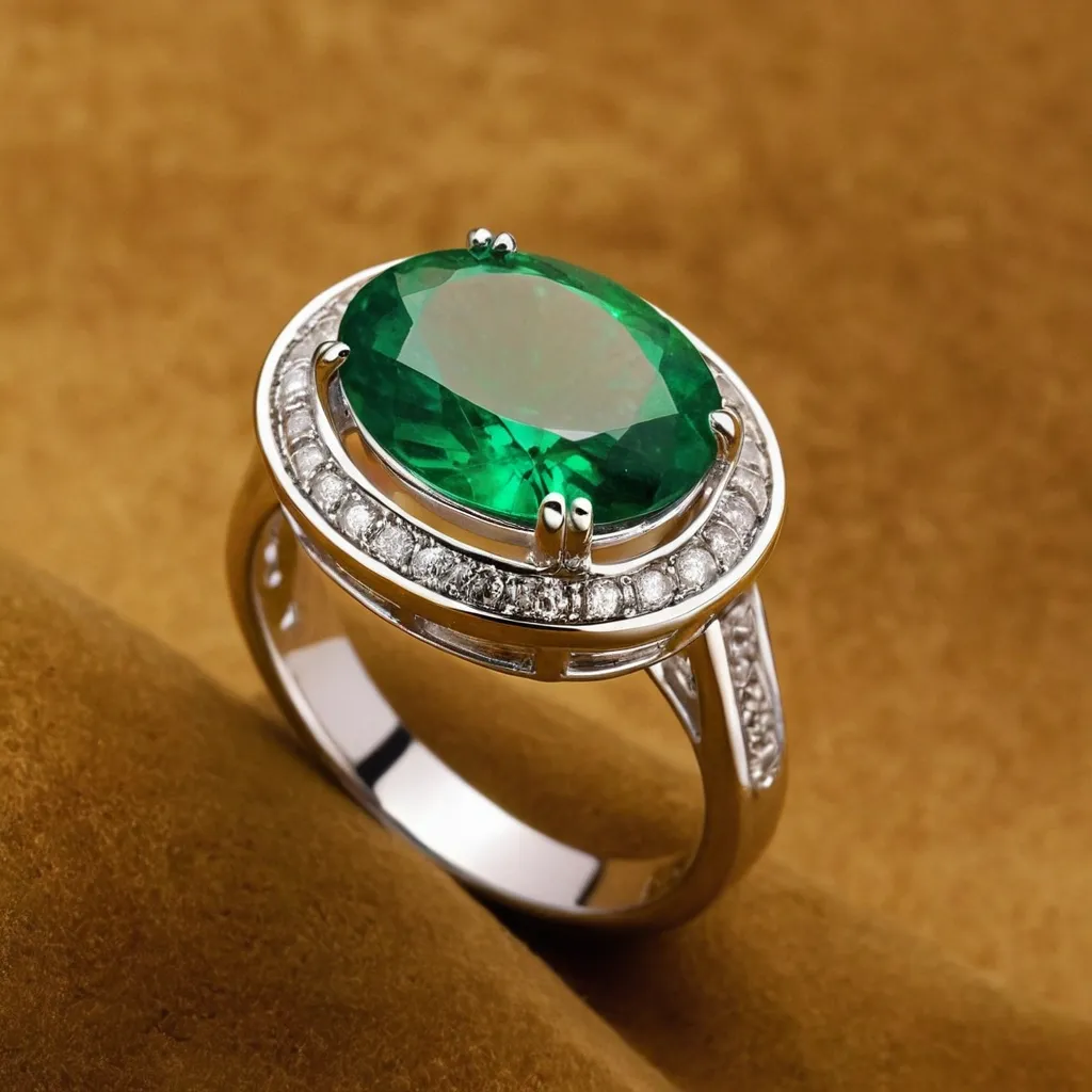 detailed photo of silver ring with green gem