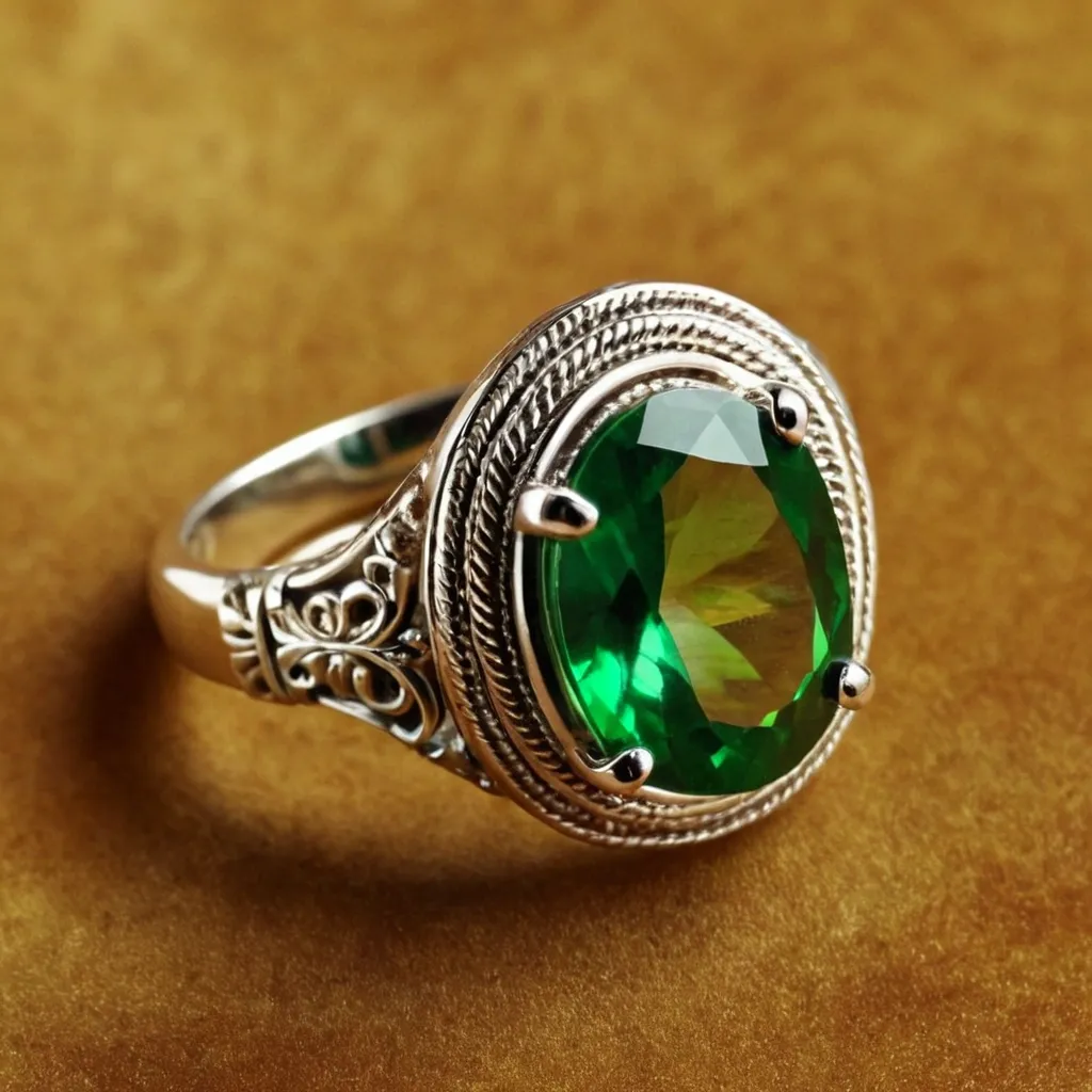 detailed photo of silver ring with green gem