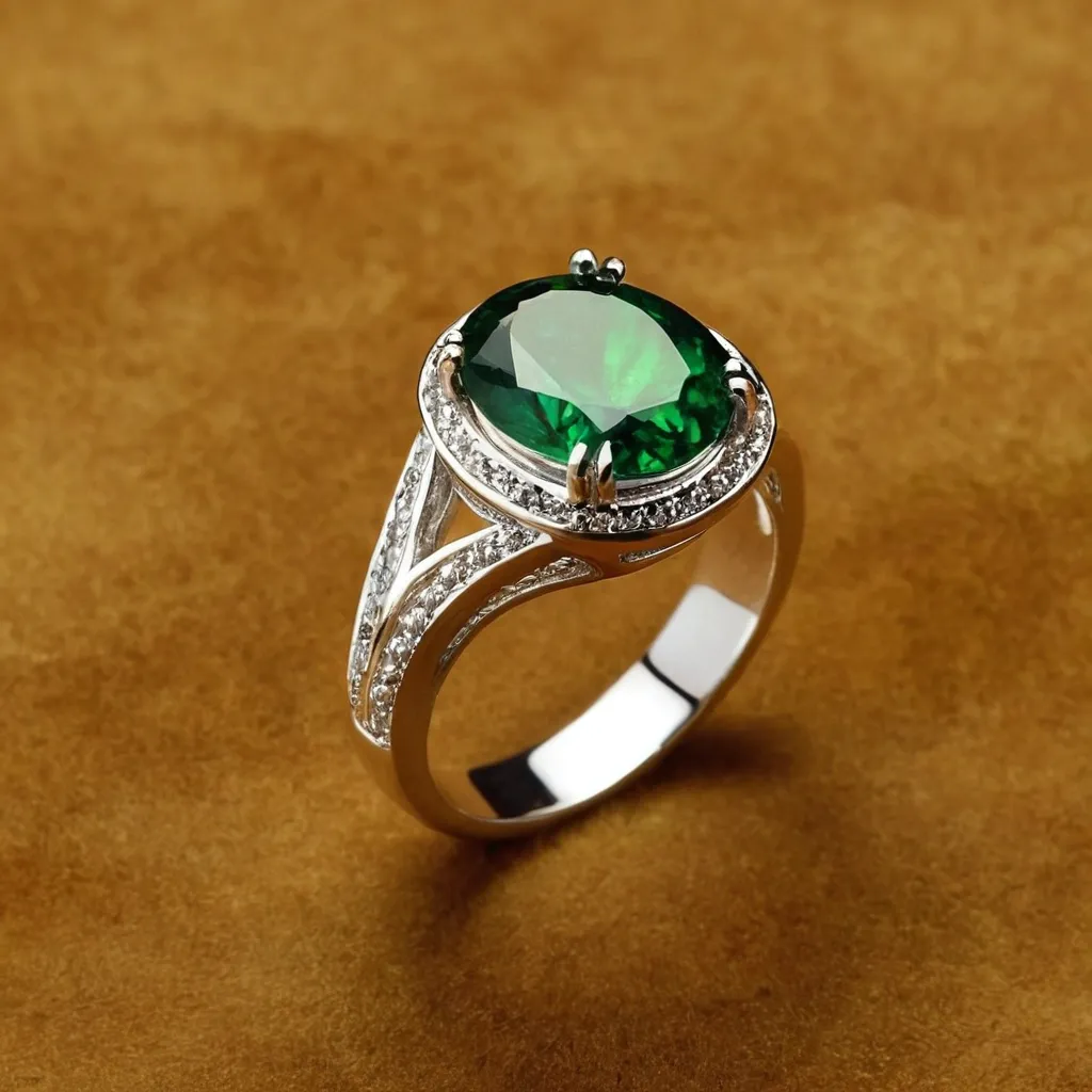 detailed photo of silver ring with green gem