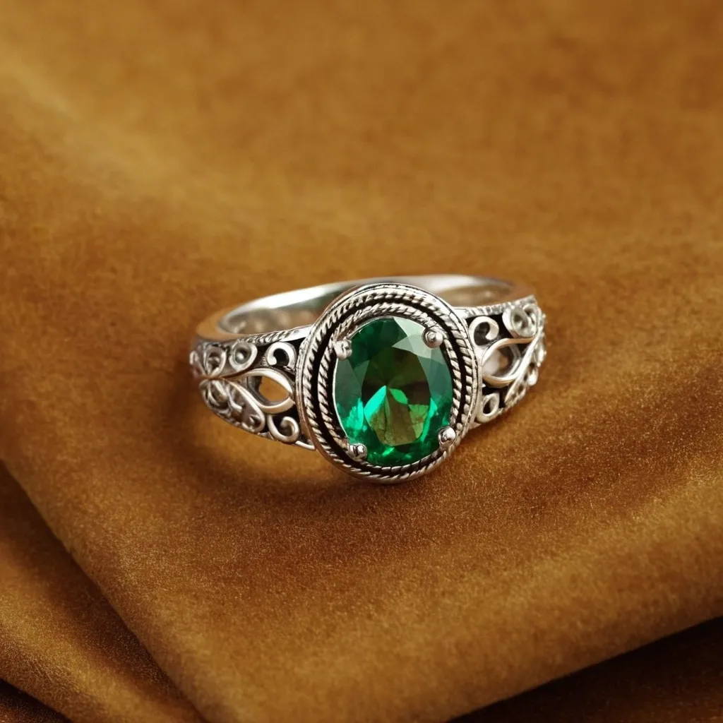 detailed photo of silver ring with green gem