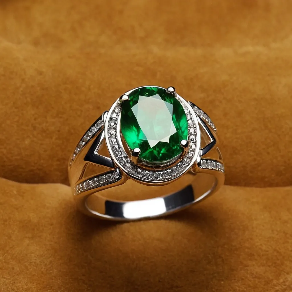 detailed photo of silver ring with green gem