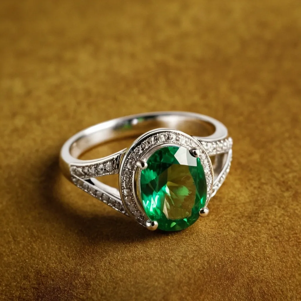 detailed photo of silver ring with green gem