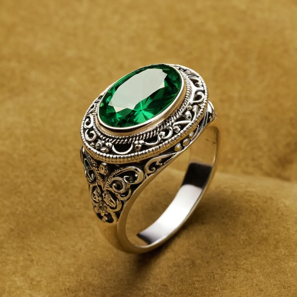 detailed photo of silver ring with green gem