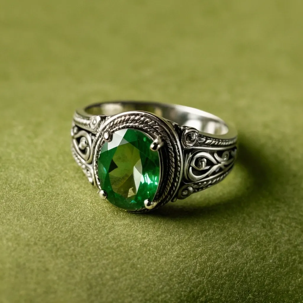 detailed photo of silver ring with green gem