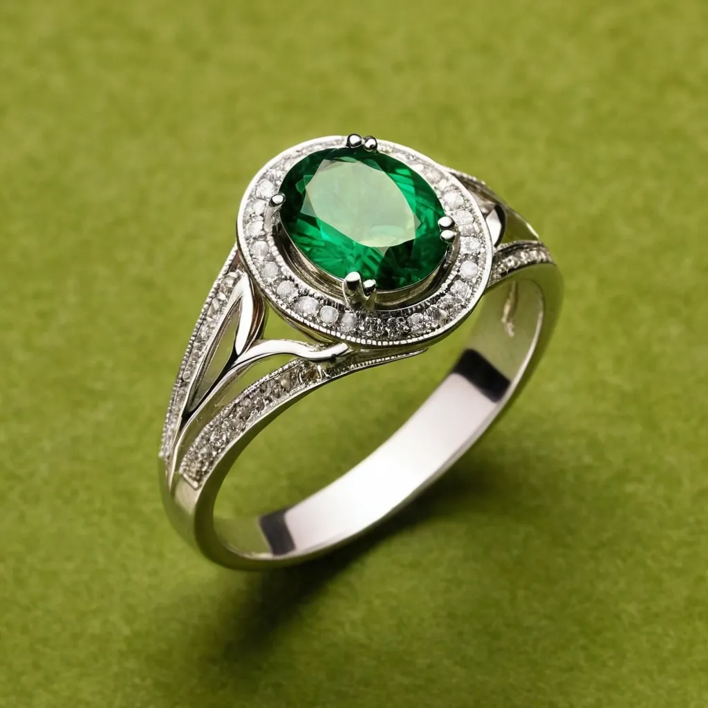 detailed photo of silver ring with green gem