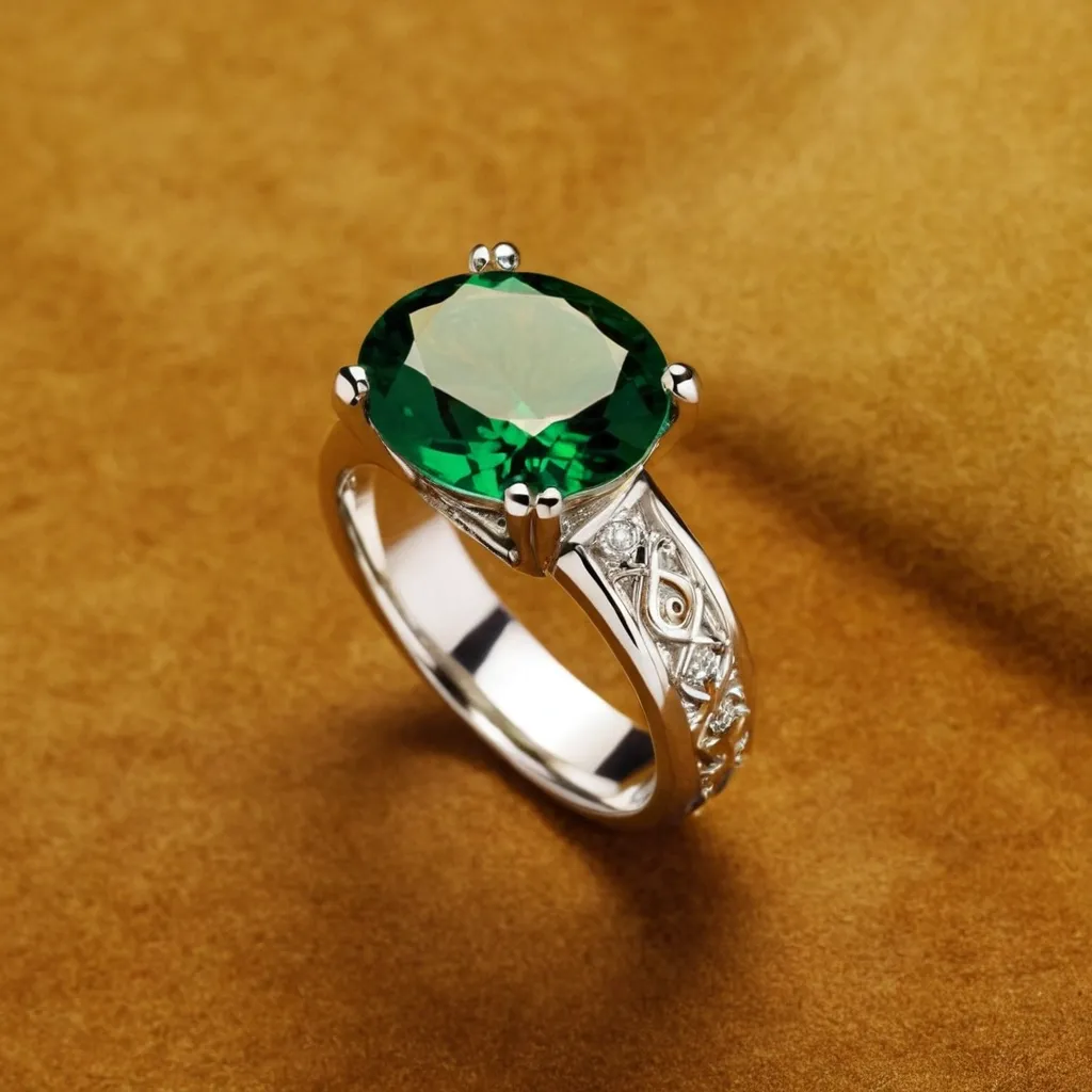 detailed photo of silver ring with green gem