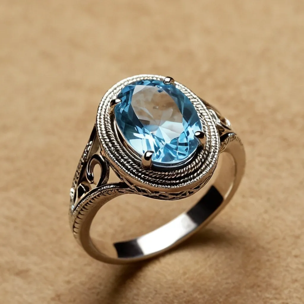 detailed photo of silver ring with light blue gem
