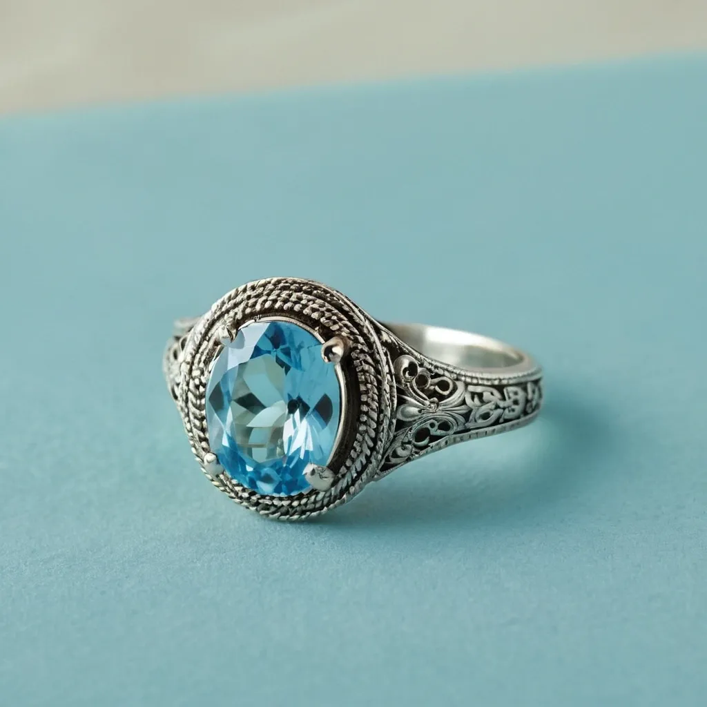 detailed photo of silver ring with light blue gem