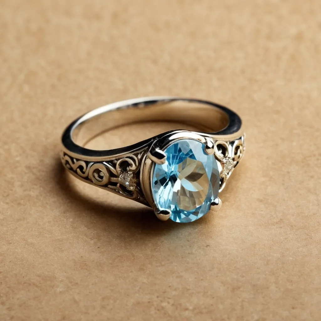 detailed photo of silver ring with light blue gem