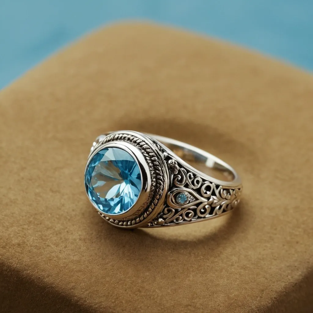 detailed photo of silver ring with light blue gem