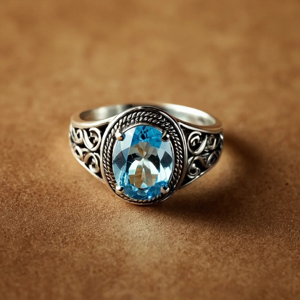 detailed photo of silver ring with light blue gem