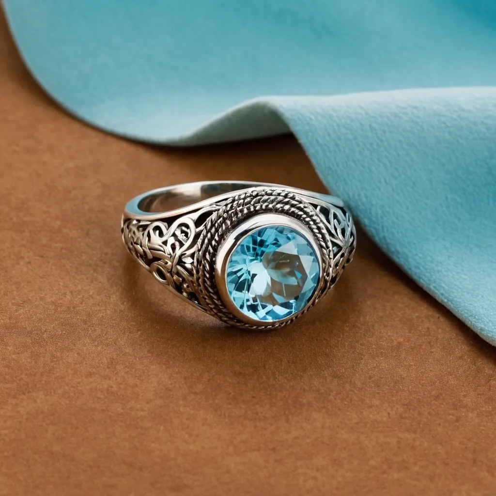 detailed photo of silver ring with light blue gem