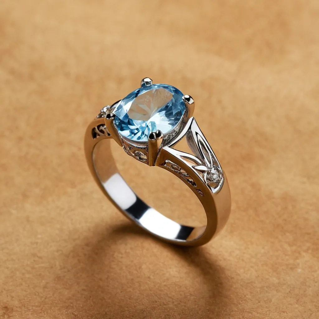 detailed photo of silver ring with light blue gem
