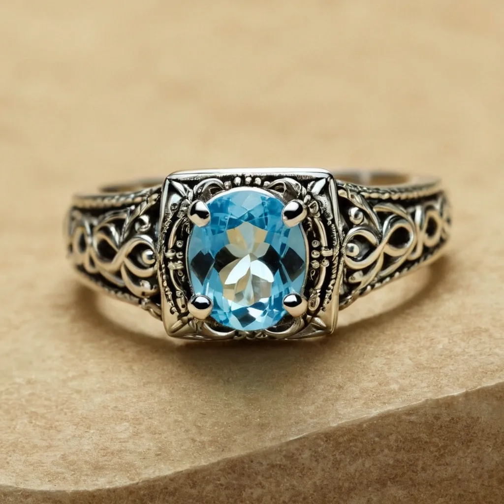 detailed photo of silver ring with light blue gem
