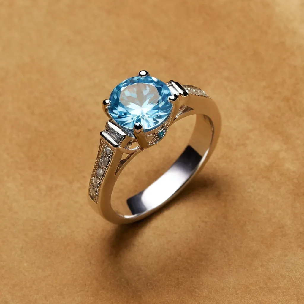 detailed photo of silver ring with light blue gem