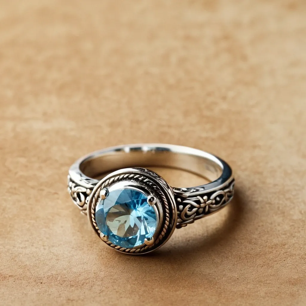 detailed photo of silver ring with light blue gem