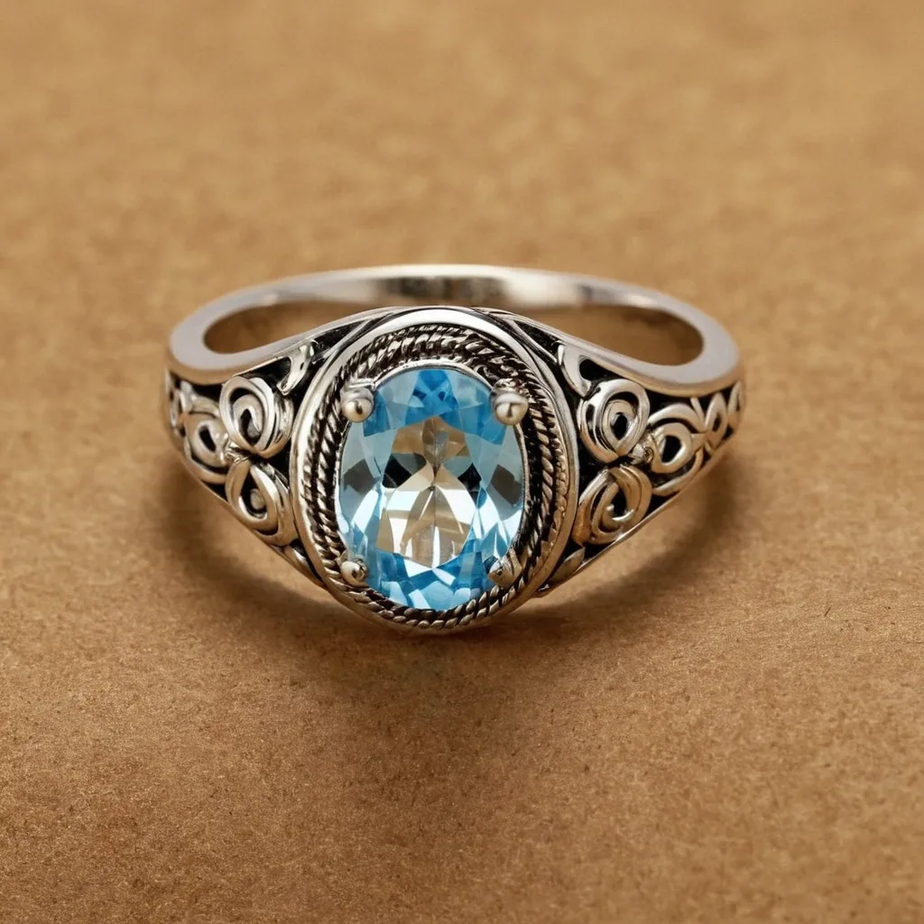 detailed photo of silver ring with light blue gem