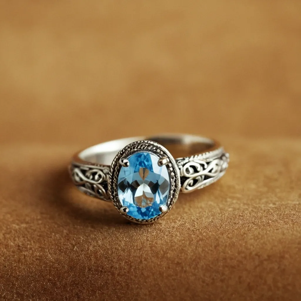 detailed photo of silver ring with light blue gem