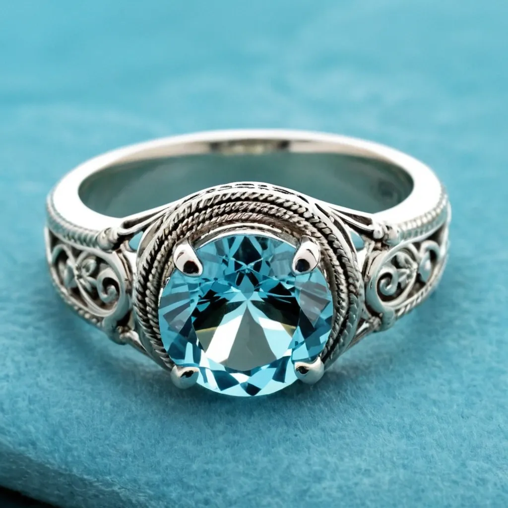 detailed photo of silver ring with light blue gem