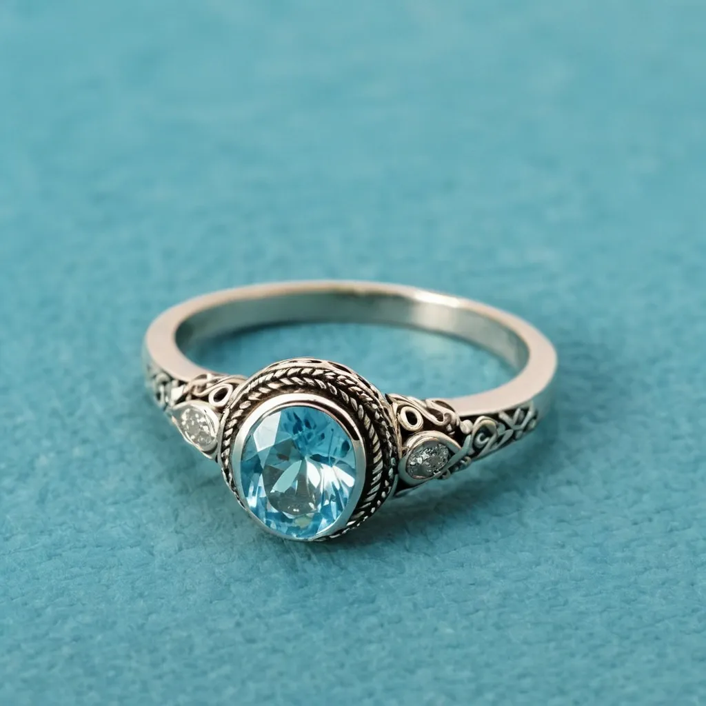 detailed photo of silver ring with light blue gem