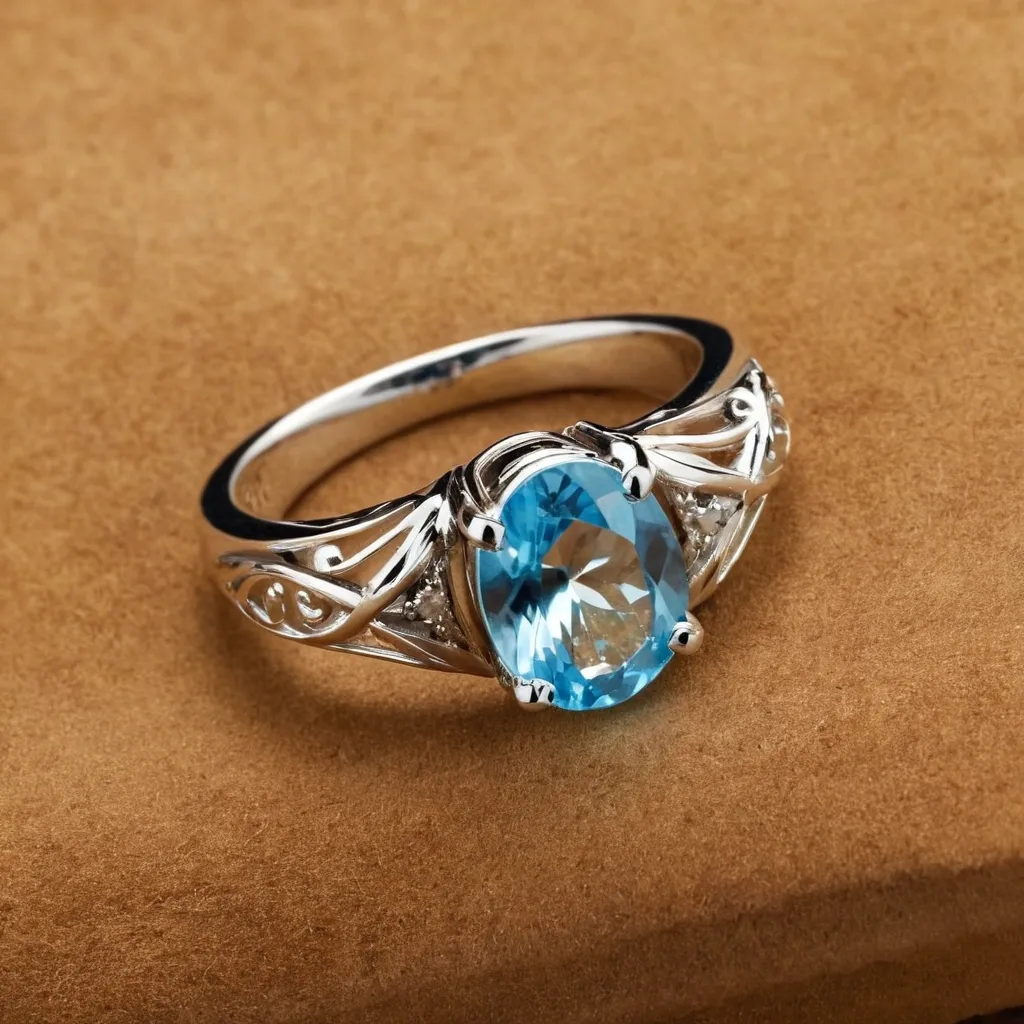 detailed photo of silver ring with light blue gem